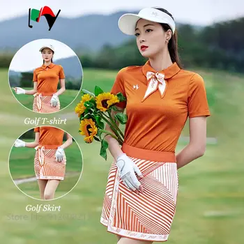 MÔJ kórejský Dievčatá Golf Klope T-shirt Short-sleeve Športové Tričko Ženy Anti-expozície Nepravidelný Golf Sukne Prúžok Ceruzka Skorts Sady