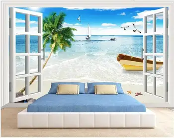WDBH Vlastné fotografie, 3d tapety Coconut beach loď scenérie krajiny obývacia izba dekor 3d nástenné maľby, tapety na steny, 3 d