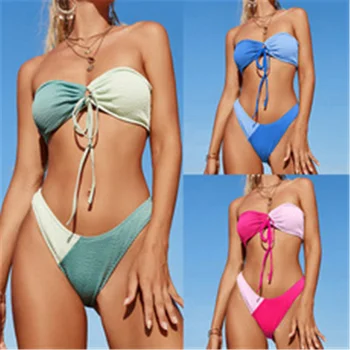Ženy 2ks Bikini Oblek, bez Ramienok Farebné Kontrasty Popruhy Push-Up Podprsenka, Vysoký Pás, Trojuholník Pantie, Dámy Letné Beach Plavky