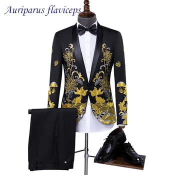 Auriparus flaviceps Vyšívané Svadobný Oblek, Kostým pánske Šaty Hosť Kostým Ženícha Tuxedos Výkonnosť Človeka Vyhovuje Fáze Kostým