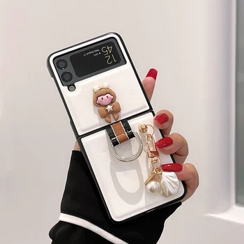 Roztomilý 3D DIY Mlieko Čaj Dievča Telefón puzdro Pre Samsung Galaxy ZFlip3 Z Flip 3 Prenosné Prst Prsteň Luxusné Kožené Vzor Zadný Kryt