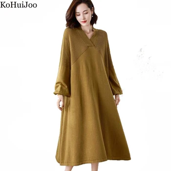 KoHuiJoo Ženy Dlhé Šaty Jeseň Kórejský Voľné Plus Veľkosť Svietidla Rukáv V Krku Temperament Knitwear Sveter Šaty Elegantná Móda