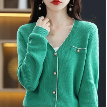 Color-blocking 100% čistá vlna pletený sveter žien na jar a na jeseň nový tenký dievčenskú cashmere V-krku sveter bunda