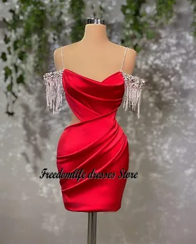 Cara&Alan Červené Krátke Prom Šaty Pre Ženy Strany Nosenie Ramena Crystal Koktejlové Šaty Mini Stužkové Večer