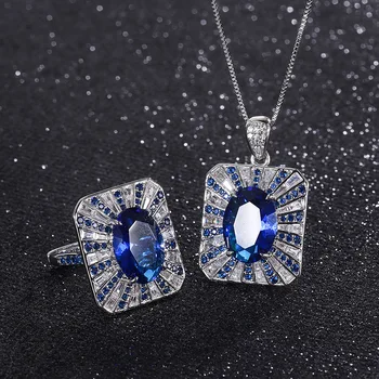 QTT Nový Príchod Luxusné Prívesky Strieborné Šperky, Modrá Cubic Zirconia Oválne CZ Šperky Sady Ženy Prívesok Náhrdelník Krúžok