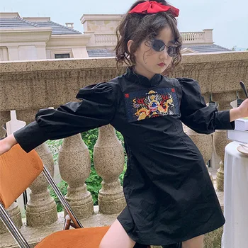 Dieťa Dievča Bublina Rukávy Výšivky Dragon Slim Šaty 2 3 4 5 6 rokov Dizajnér Deti Oblečenie