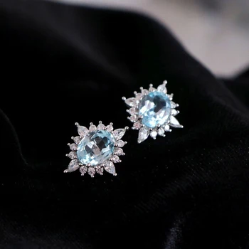 WPB S925 Šterlingov Strieborné Náušnice Ženy Star Oválne Náušnice Blue Diamond Šumivé Šperky Pre Ženy, Dievčatá Dovolenky Darček Strany