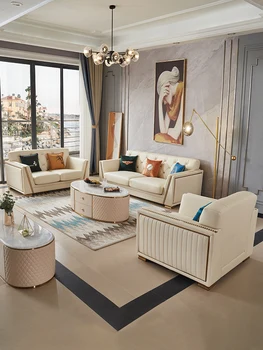 Svetlo Luxusné Tri osoby Gauč Villa Obývacia Izba Jednoduché Moderné Rovno Riadok Kožené Umenie Pohovka Kombinácia Luxusná Sedacia súprava