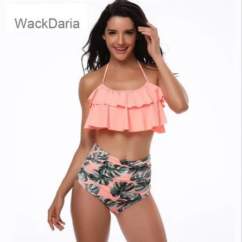WackDaria sexy vysoký pás ženy bikini set plavky, plavky s volánikmi banán leaf dot vytlačené maillot de bian femma biquini oblek