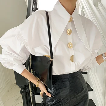 ZCSMLL tlačidlo blúzky Kórea elegantné jar temperament poukázal golier elegantné jednoradové tlačidlo voľné svietidla rukáv tričko tričko ženy