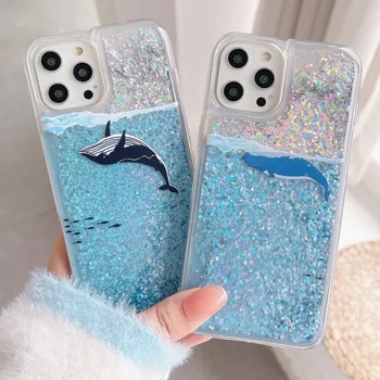 Modrý Lesk puzdro pre iPhone 14 Plus 12 11 13 Pro MAX X XS XR 7 8 SE Dolphin Shark Kvapaliny Quicksand Shockproof TPU Kryt Coque