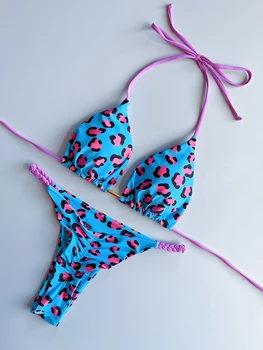 Sexy plavky s uväzovaním za Bikiny Leopard Tlač Plavky pre Ženy 2023 Ženské Plavky Ženy Remeň Bikini Set Push Up Pláž Nosiť plavky