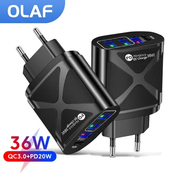OLAF 36W PD USB Nabíjačka, Rýchle Nabitie QC3.0 Stenu Pre Nabíjanie iPhone 13 12 Samsung Xiao Mobilné 4 Porty EÚ a USA Zapojte Adaptér Travel