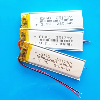 3 ks 3,7 V 280mAh Polymer lithium Lipo batérie Nabíjateľné 351752 prispôsobené veľkoobchod CE, FCC, ROHS MKBÚ certifikácie kvality