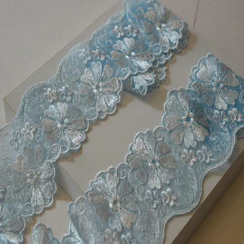 8 cm široký(2yds/lot)priesvitné vlnité gázy modrá kvetinové výšivky, čipky Vysoká kvalita textílie, čipky, vyšívané lace2018102708