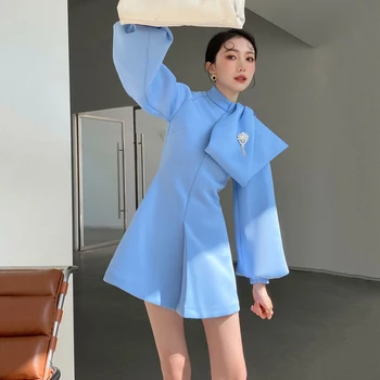Vintage 2022 Pôvodné Jar Jeseň Nové Micro Elastické Teplé Slim Šaty Modrej Streetwear Ženy Móda Bežné Šaty