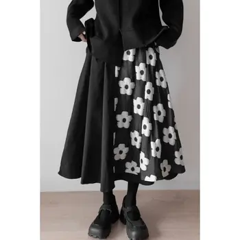 Čierny Kvet Patchwork Ženy Sukne Lete Vintage 2022 Vysoký Pás Skladaný Podkolienok Ženské Oblečenie Najvyššej Kvality
