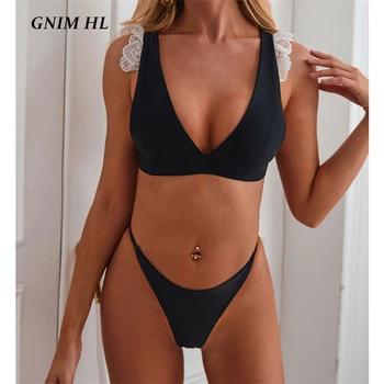 Sexy Čipka Bikini Set 2021 Letné Nový Štýl Pevné Plavky Ženy 2 Kusy S Uväzovaním Za Plaviek High Cut Brazílske Plavky Biquini
