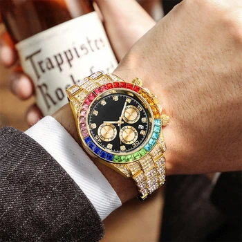 Luxusné Pánske Quartz Hodinky Farebné Crystal Zirkón Ľadový Z Náramok Náramkové hodinky pre Mužov Diamond Fashion Hodinky Relogio Masculino