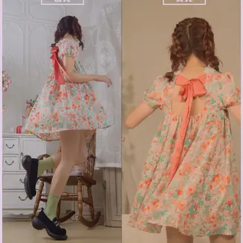 2021 nový kvetinový sukne svetlo šaty bublina rukáv backless luk čerstvé letné Šifón vyhovovali Lolita