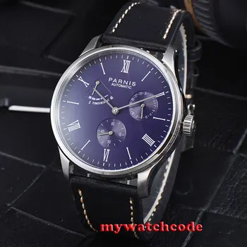 42mm Parnis modrá dial plný pevné prípade, dátum power reserve automatické pánske hodinky