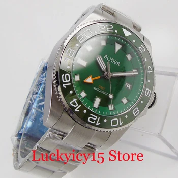 BLIGER 43mm Zelená Dial Mužov Náramkové hodinky Zafírové Sklo Striebornej Prípade GMT Automatické Hodinky