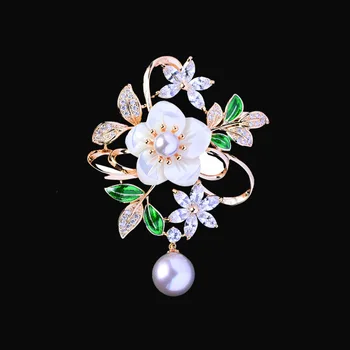Vintage Pozlátené Visieť Pearl Flower Brošne Kolíky Shell Crystal Smalt Pin Svadobné Šperky Darček Embellishment Oblečenie broce