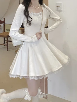 2022 Nové Zimné Predné Krajky Kawaii Pletené Šaty Ženy Pevné Patchwork Tenký Sveter Šaty Žena Bežné Kórejský Fashion Party Mini Šaty