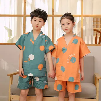 Detské Bavlnené Roztomilý Japonské Kimono Yukata Dieťa Krátky Rukáv Tlač Pyžamo 2 Kus Chlapci Pohodlné Sleepwear Na Darčeky LC976