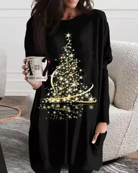Elegantné šaty pre ženy bežné nové módne Vianočný Stromček Tlač Dlhý Rukáv Bežné Mini Šaty