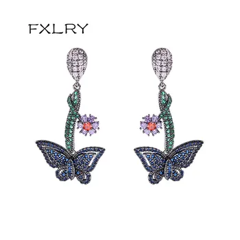 FXLRY Romantický Multicolor Kubický Zirkón Vintage Kvet, Motýľ Náušnice Pre Ženy, Svadobné Svadobné Šperky