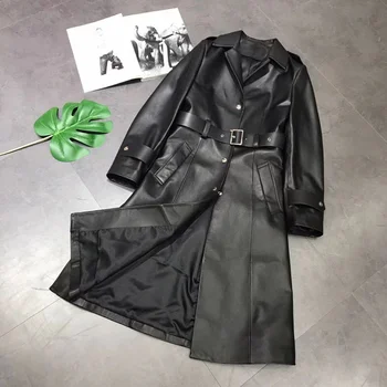 Ženy Jarný Kabát X-Dlhé Dĺžky Nový Zéland Import Originálne Kožené Bundy S Pásom Zase Dole Golier Lady Oblečenie + FG688