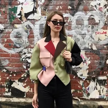 In Celebrity Sako Vyhovovali Ženy Multicolor Štíhly Pás Jednoduché Krátke Sako Streetwear Módy Kontrast Farieb Singel Svojim Oblek