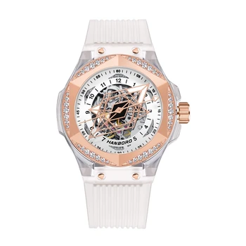 HANBORO Pánske Luxusné Hodinky Mužov Automatické Hodinky Muž Mechanické Náramkové hodinky Svetelný Kostra Dial Rakúsko Crystal Silikónové Popruh