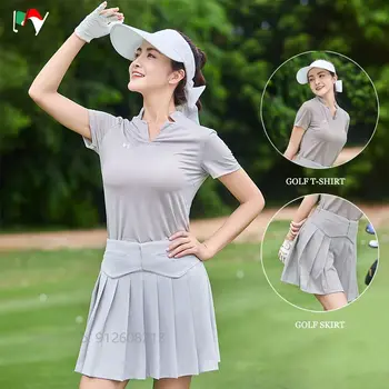 MOJE Krátke rukáv Golf T-shirt Žena V Krku Topy Vysoký Pás Golf Skladaná Sukňa Sivá Tenis Športové Oblečenie Set Anti-prázdne Culotte