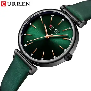 Top Značky Curren Luxusné dámske Hodinky Nové Náramkové hodinky Quartz s kožou Lesklé Kamienky Dial Zelená Hodiny Žena