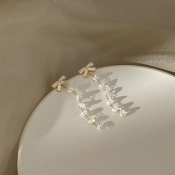 DAVINI Luxusné Crystal Visieť Elegantné Náušnice Bowknot Dlhý Riadok Drop Náušnice Pre Ženy, Ženské Party Šperky, Darčeky MG395