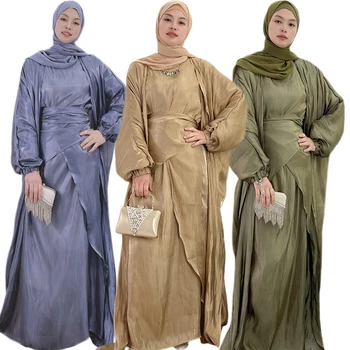 4pcs Satin Eid Ramadánu Ženy Abaya Hidžáb Otvoriť Cardigan Šaty Nastaviť Turecko, Dubaj Kaftan Islam arabský Odev Pakistan Kaftane Župan